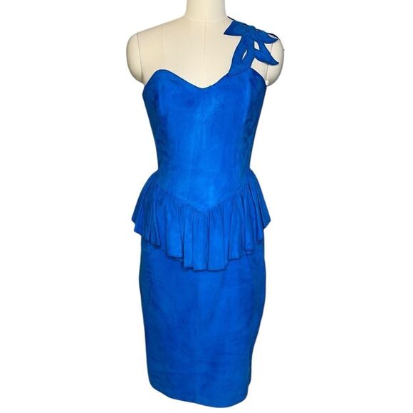 1980’s Blue Suede Peplum Cocktail Dress | S - Picture 1 of 9